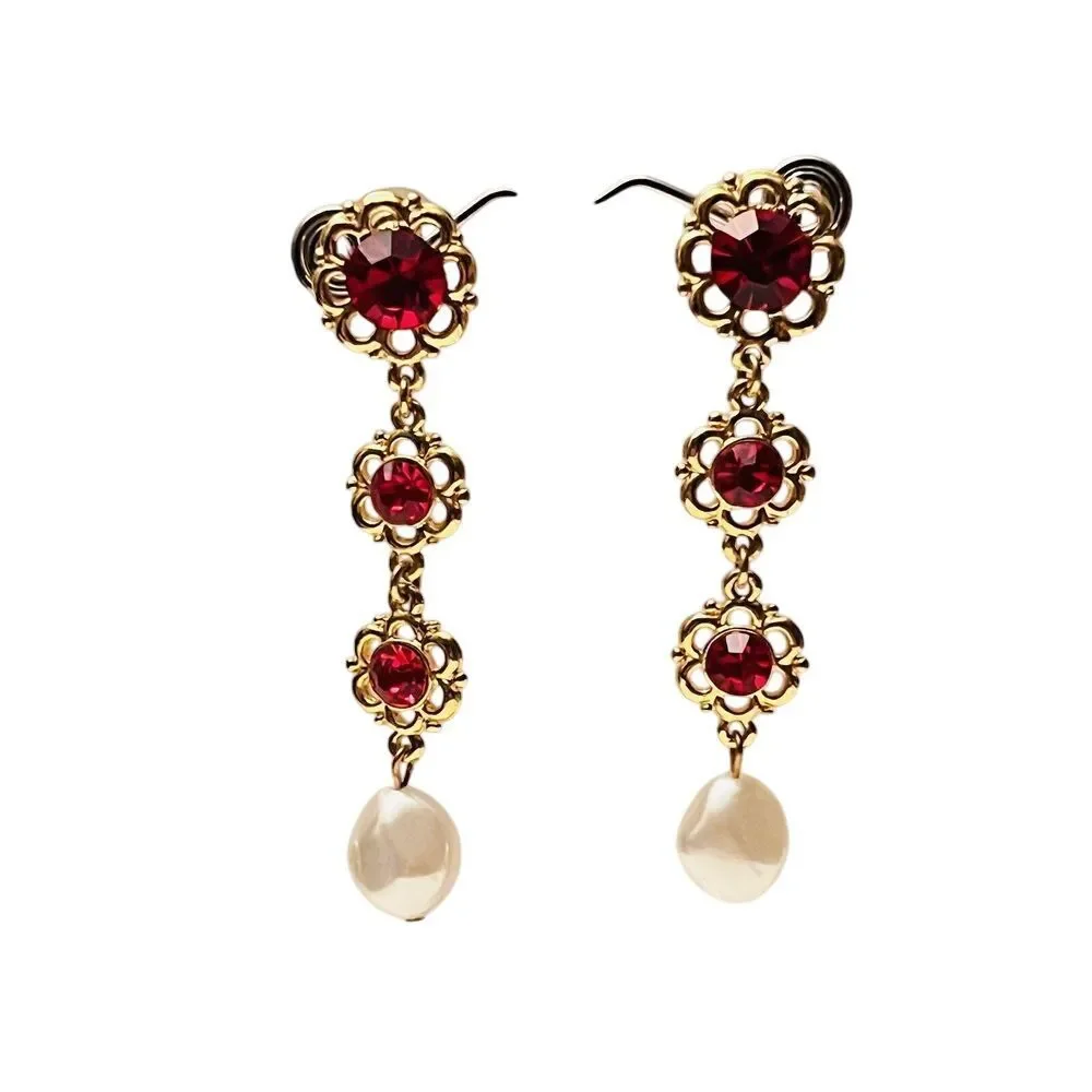 Earrings VTG Gold‎ Pierced Statement Dangle Baroque Pearl Red Crystal Rhinestone